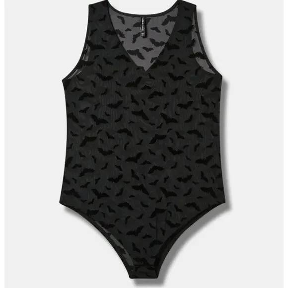 Torrid 2X Black Bat Velvet & Mesh V Neck Bodysuit - Picture 3 of 11